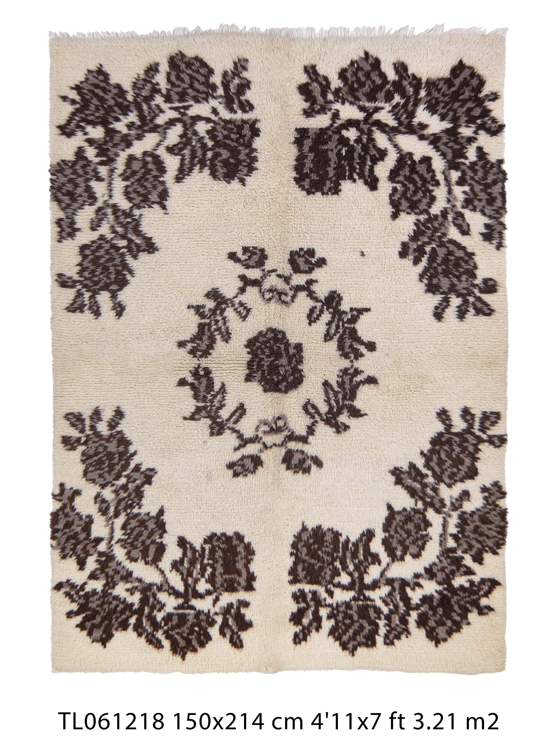 Authentic Vintage Turkish Tulu Rugs : White Brown Floral medallion Carpet