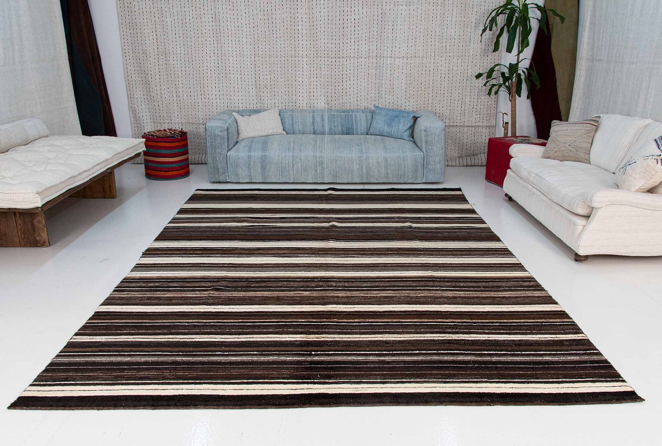 Brown handmade area rug striped upcycled wool | 260x360 cm - 8.5x12 ft | HL064414 5 Brown handmade area rug striped upcycled wool