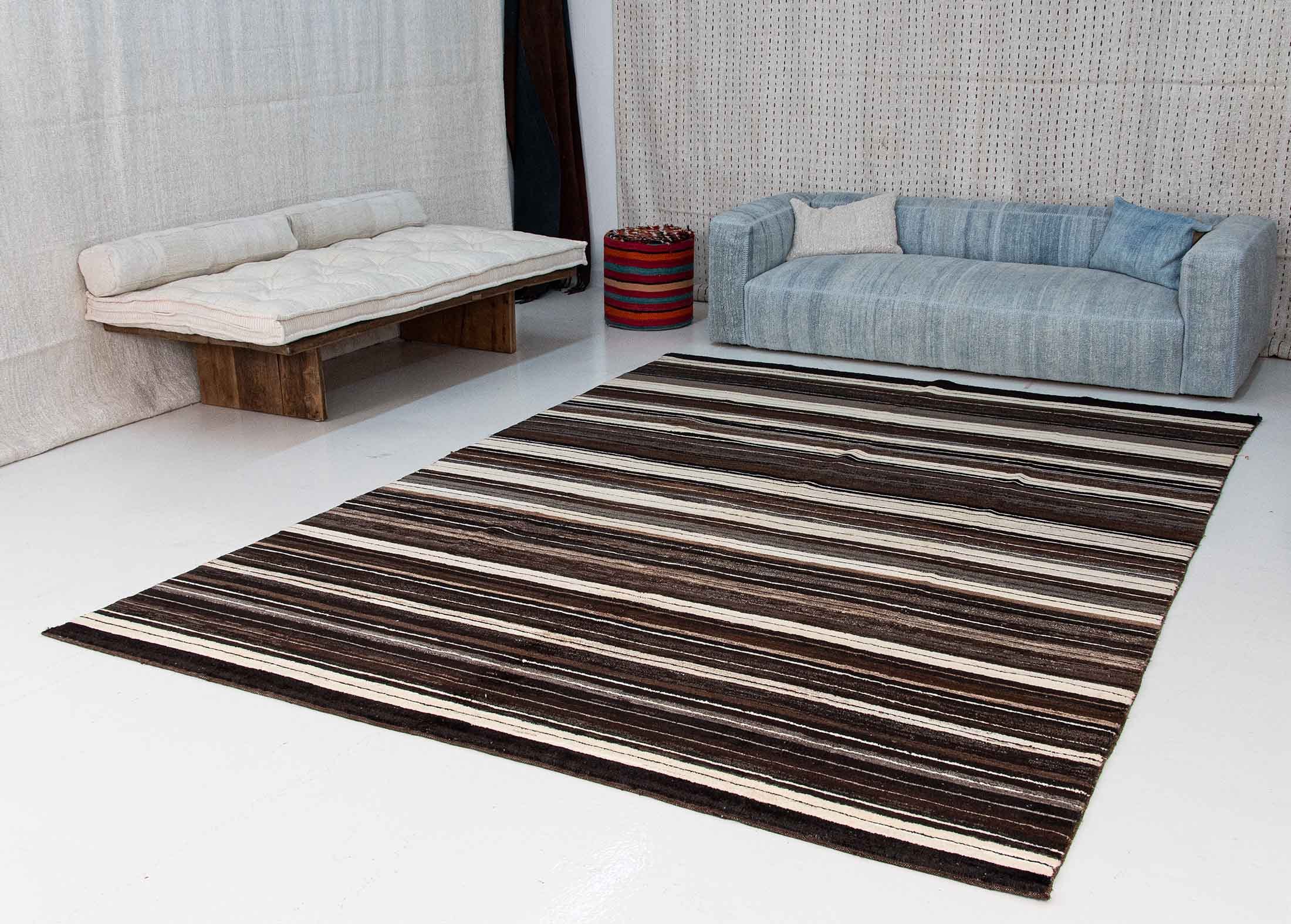 Brown handmade area rug striped upcycled wool | 260x360 cm - 8.5x12 ft | HL064414 7 Brown handmade area rug striped upcycled wool